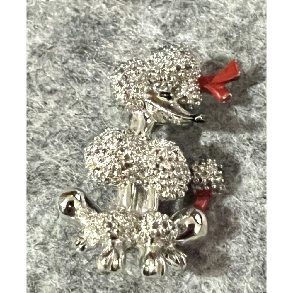 Vintage silver tone & red enamel poodle brooch